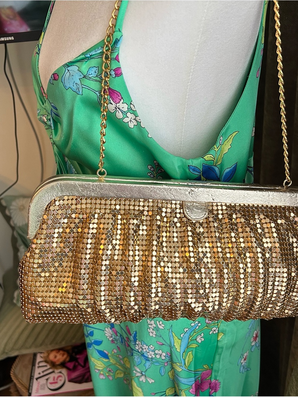 Marciano Gold Sequin Evening Clutch with Chain